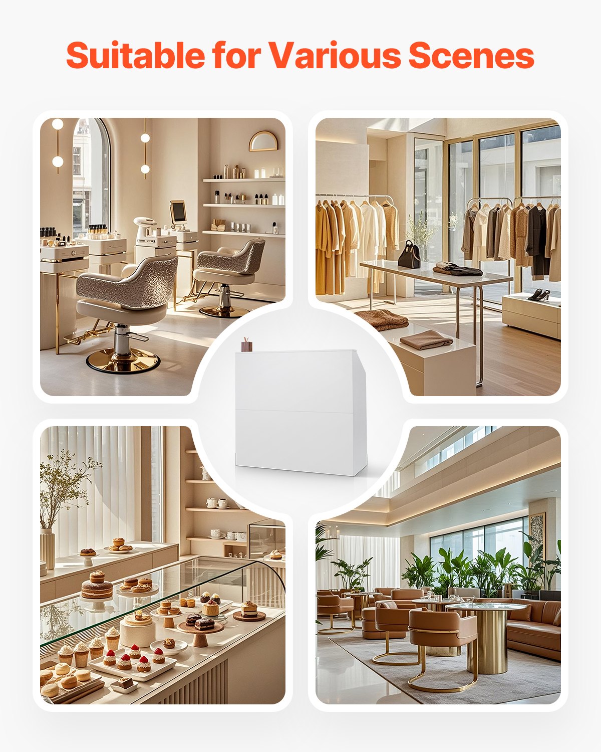 Reception Desk, 46 Inch Rectangular Front Counter Table, Office Reception Desk, Retail Counter and Front Reception Counter, for Checkout, Lobby, Beauty Salon and Office, White