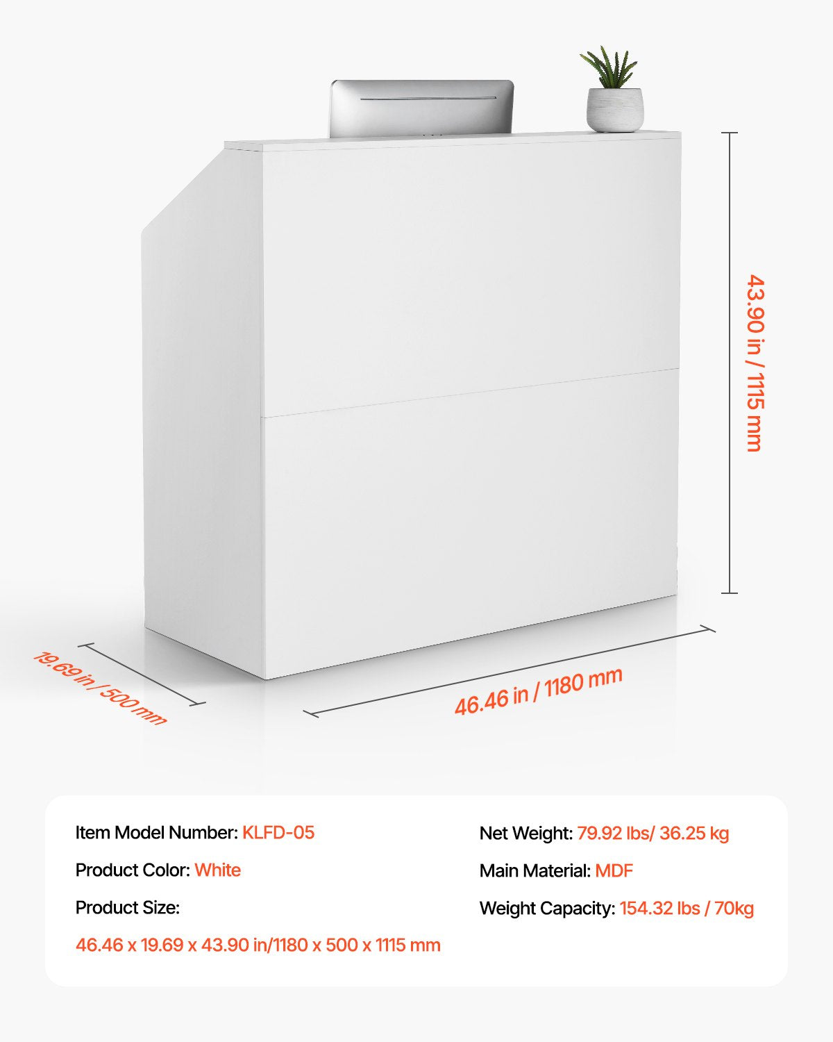 Reception Desk, 46 Inch Rectangular Front Counter Table, Office Reception Desk, Retail Counter and Front Reception Counter, for Checkout, Lobby, Beauty Salon and Office, White