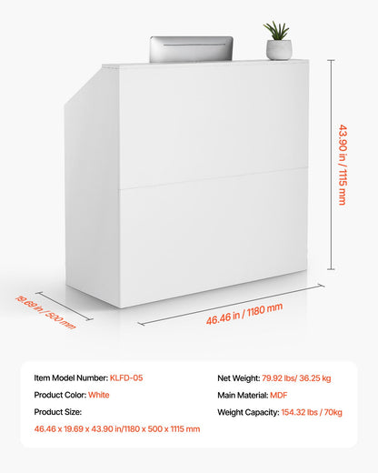 Reception Desk, 46 Inch Rectangular Front Counter Table, Office Reception Desk, Retail Counter and Front Reception Counter, for Checkout, Lobby, Beauty Salon and Office, White