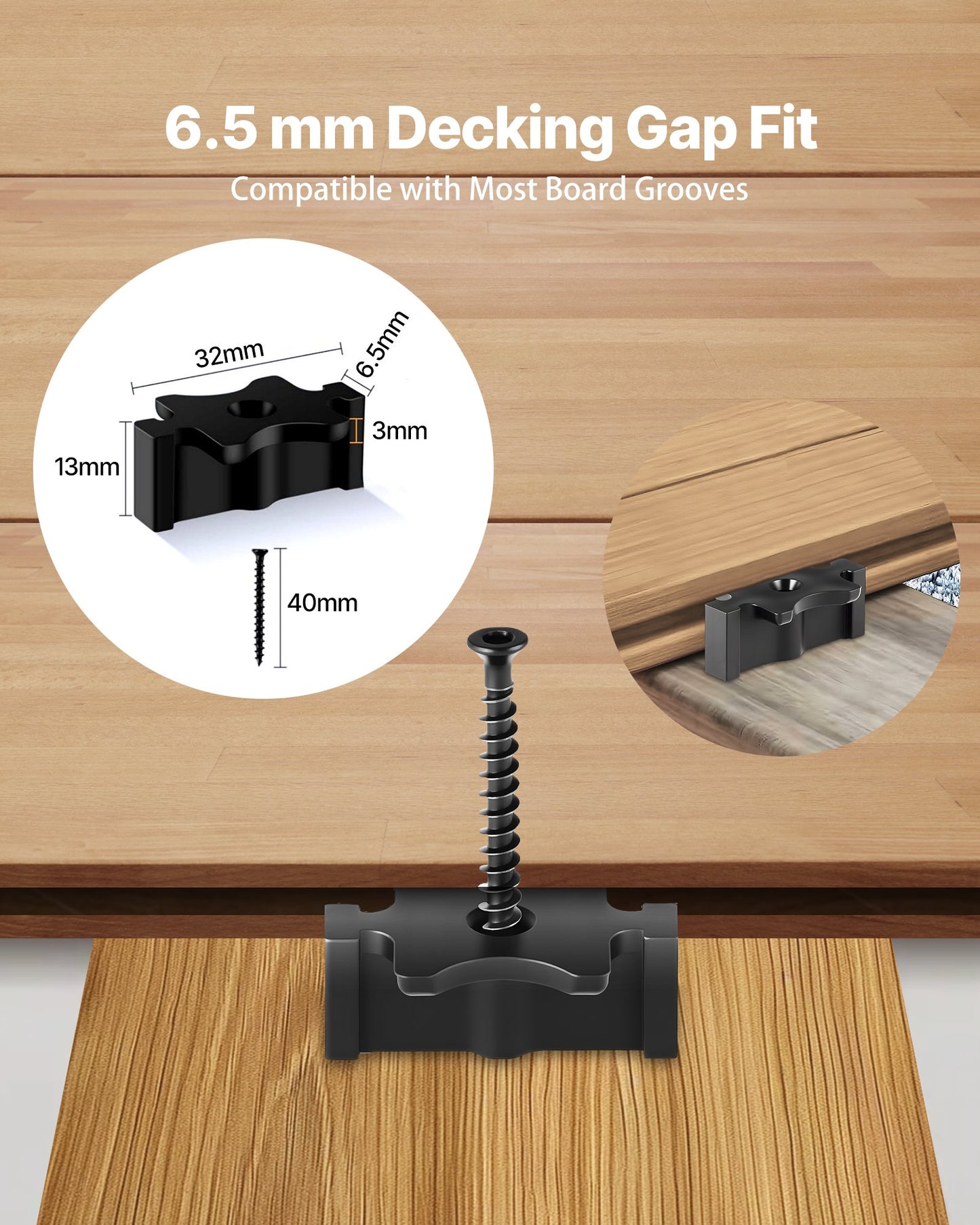 250PCS Hidden Deck Fasteners for Composite Decking Board, Universal Composite T Clips & Plastic Hidden Fasteners with Metal Screws,Polypropylene PP Clips Works with 0.26 inch Gaps, Black