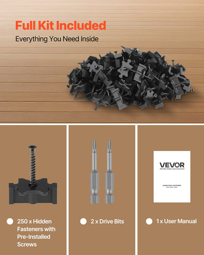 250PCS Hidden Deck Fasteners for Composite Decking Board, Universal Composite T Clips & Plastic Hidden Fasteners with Metal Screws,Polypropylene PP Clips Works with 0.26 inch Gaps, Black