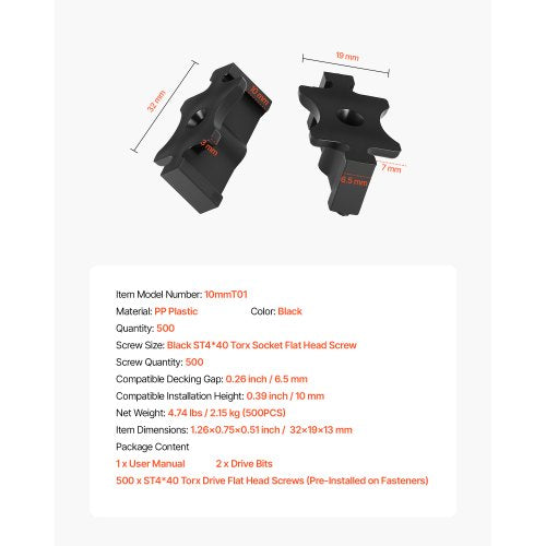 500 st dolda däckfästen för komposittrallbrädor, universella komposit-T-klämmor och dolda plastfästen med metallskruvar, polypropylen-PP-klämmor fungerar med 6,5 mm springor, svarta |  EU