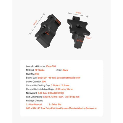 900 st dolda däckfästen för komposittrallbrädor, universella komposit-T-klämmor och dolda plastfästen med metallskruvar, polypropylen-PP-klämmor fungerar med 6,5 mm springor, svart |  EU