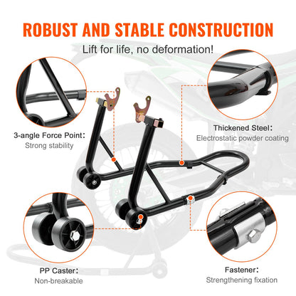 Motorcycle Rear Wheel Stand, with U + L Fork Swingarm Spool, 850 lbs Capacity Heavy Duty Rear Wheel Stand Motorcycle Lift Jack Stand, for Suzuki Yamaha Honda Kawasaki, Black
