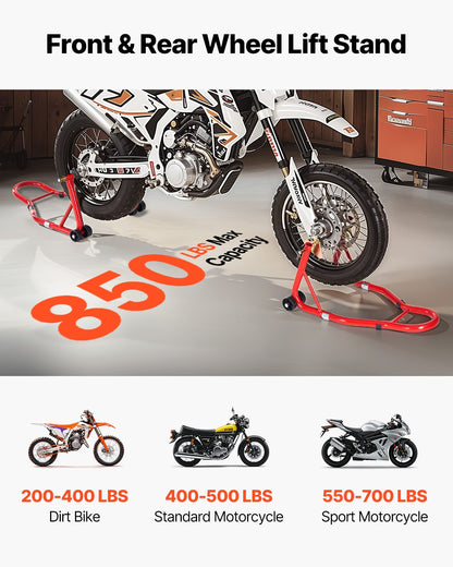 Motorcycle Stand Lift, 850lbs Capacity Front Rear Combo Stand Lift, Front Wheel Dual-Fork Stand, Rear U+L Fork Swingarm Spool Stand, for Most Yamaha Honda Kawasaki Suzuki Motorcycles, Red