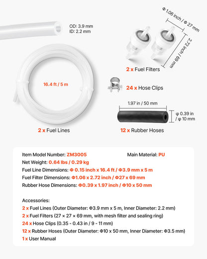 Fuel Pipe Hose Line Kit, 196.9″ Diesel Heater Fuel Line Kit, Replaceable Parking Heater Fuels Lines Kits with Lines Filters Clips & Hoses, Tank Diesel Heater Accessories for 2KW 5KW 8KW Heaters