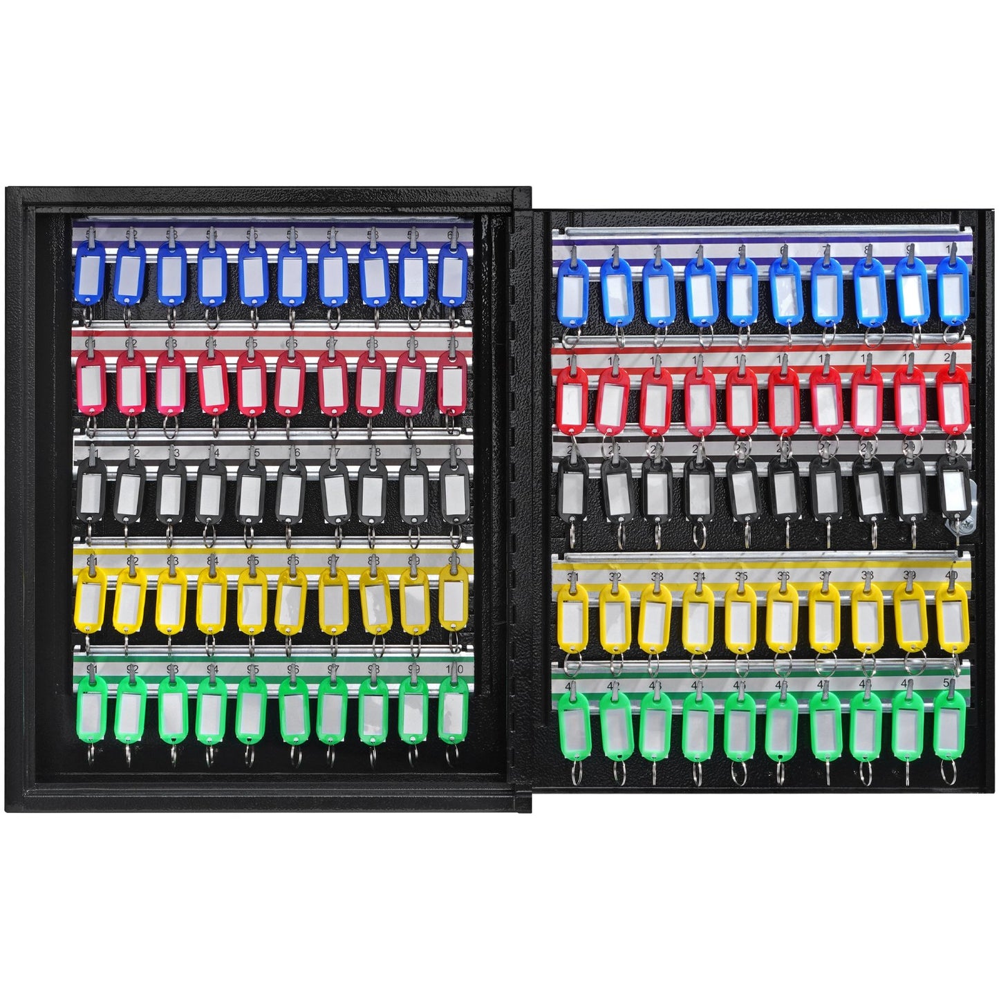 Schlüsselkasten für 100 Schlüssel mit verstellbaren Ablagen und bunten Schlüsselanhängern