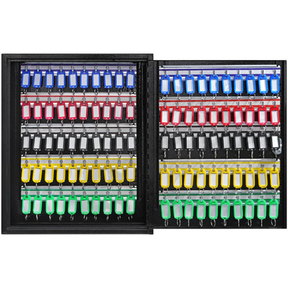 Schlüsselkasten für 100 Schlüssel mit verstellbaren Ablagen und bunten Schlüsselanhängern