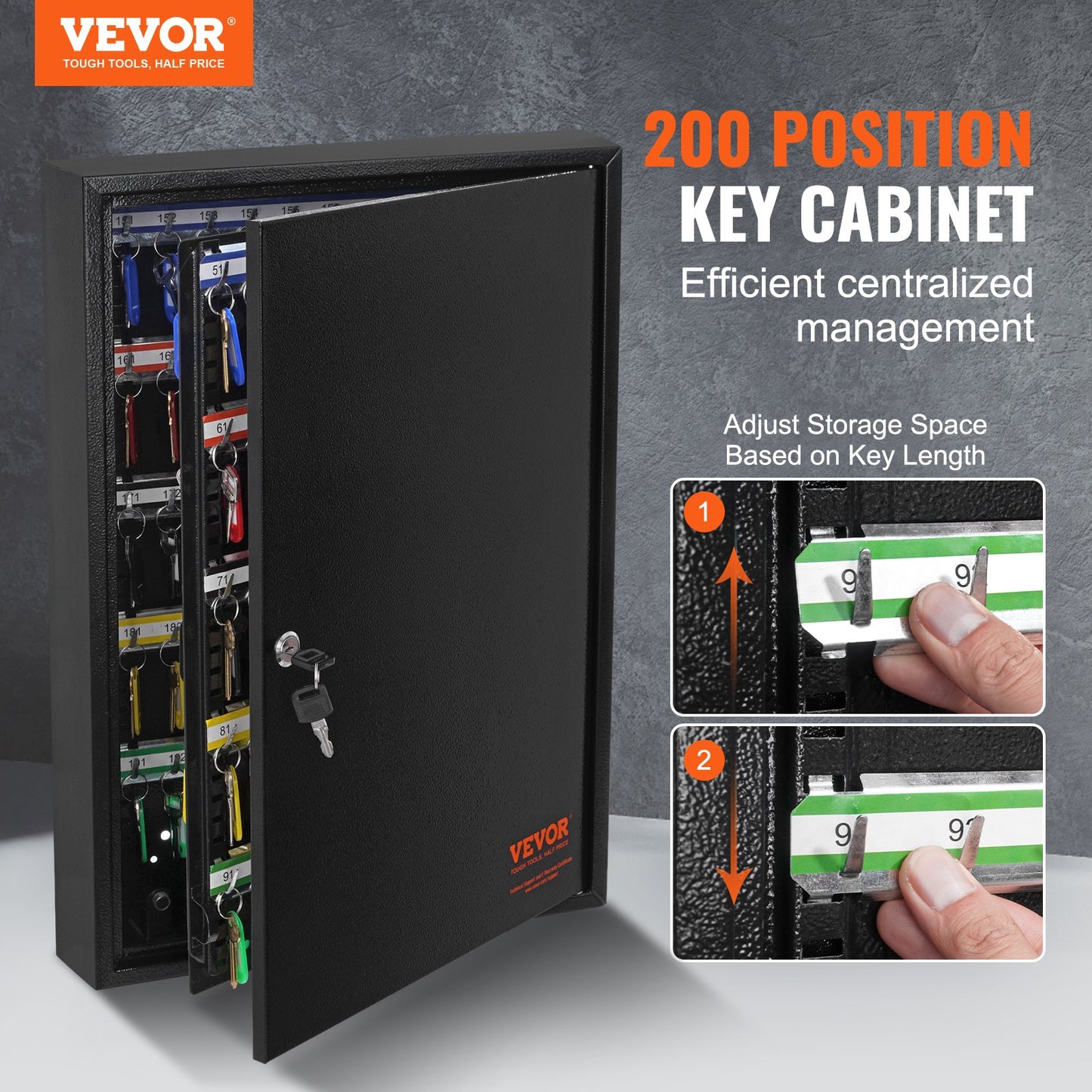 200-key cabinet key lock box with adjustable racks and colorful key tags