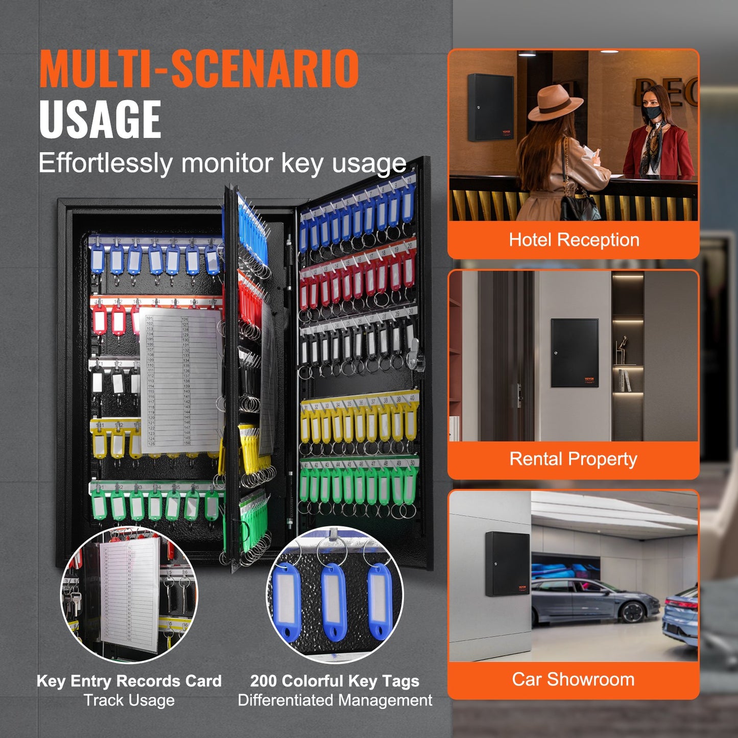 200-key cabinet key lock box with adjustable racks and colorful key tags