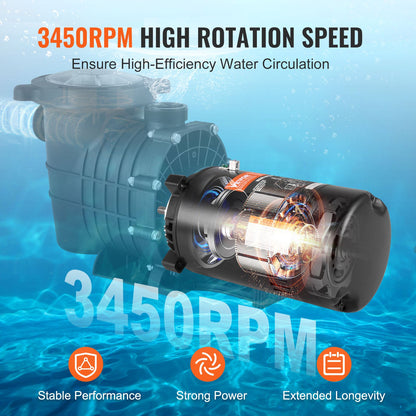 0.75 HP Pool Pump Motor, 56J Frame, 115V(8 Amps)/230V(4 Amps) 3450 RPM, 60Hz, 1.5 Service Factor, 80μF/250V Capacitor, CCW Rotation Round Flange Replacement Motor