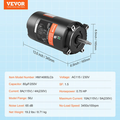 0.75 HP Pool Pump Motor, 56J Frame, 115V(8 Amps)/230V(4 Amps) 3450 RPM, 60Hz, 1.5 Service Factor, 80μF/250V Capacitor, CCW Rotation Round Flange Replacement Motor