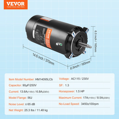 1.5 HP Pool Pump Motor, 56J Frame, 115V(13.6 Amps)/230V(6.8 Amps) 3450 RPM, 60Hz, 1.3 Service Factor, 90μF/250V Capacitor, CCW Rotation Round Flange Replacement Motor