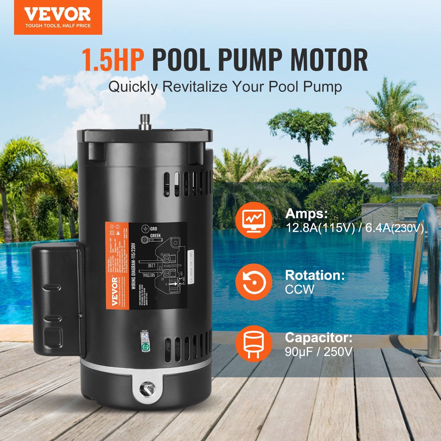 1,5 PS Poolpumpenmotor, 115/230 V, 12,8/6,4 A, 56Y, 3450 U/min, 90 μF/250 V Kondensator