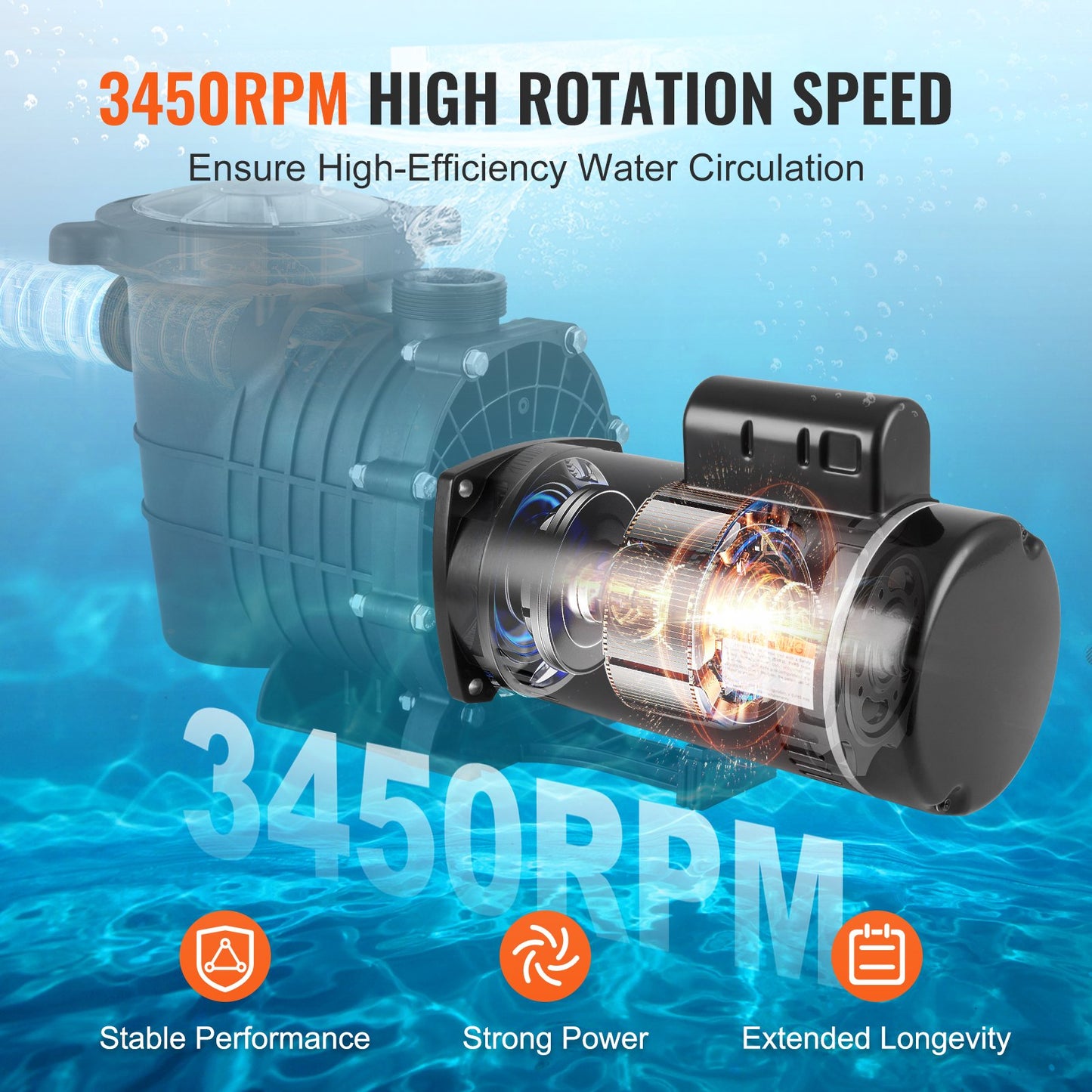 1.5 HP Pool Pump Motor, 56Y Frame, 115V((12.8 Amps))/230V(6.4 Amps) 3450 RPM, 60Hz, 1.1 Service Factor, 90μF/250V Capacitor, CCW Rotation Square Flange Replacement Motor