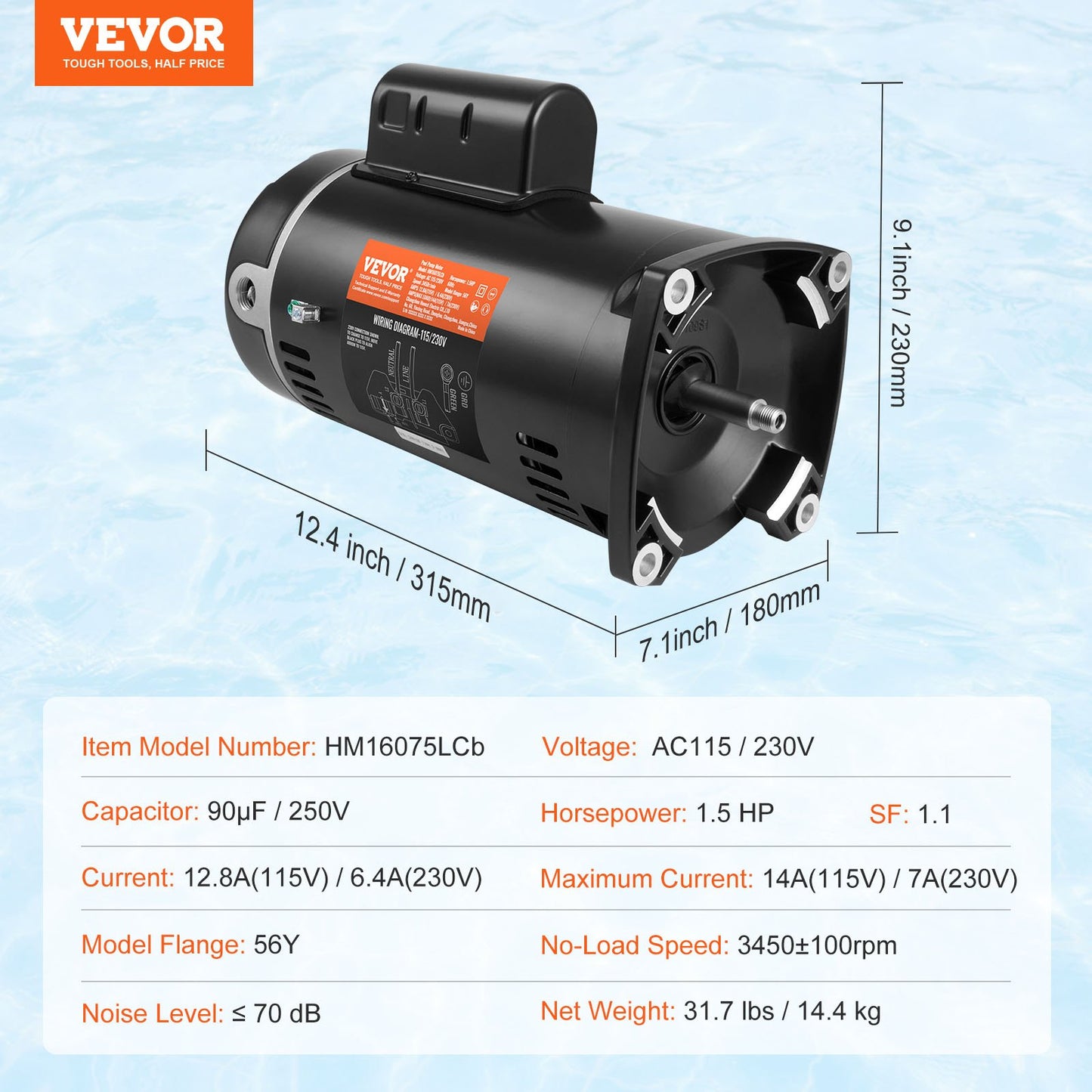 1.5 HP Pool Pump Motor, 56Y Frame, 115V((12.8 Amps))/230V(6.4 Amps) 3450 RPM, 60Hz, 1.1 Service Factor, 90μF/250V Capacitor, CCW Rotation Square Flange Replacement Motor