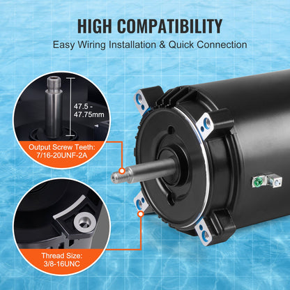 1 HP Pool Pump Motor, 56J Frame, 115V(9.8 Amps)/230V(4.9 Amps) 3450 RPM, 60Hz, 1.4 Service Factor, 90μF/250V Capacitor, CCW Rotation Round Flange Replacement Motor