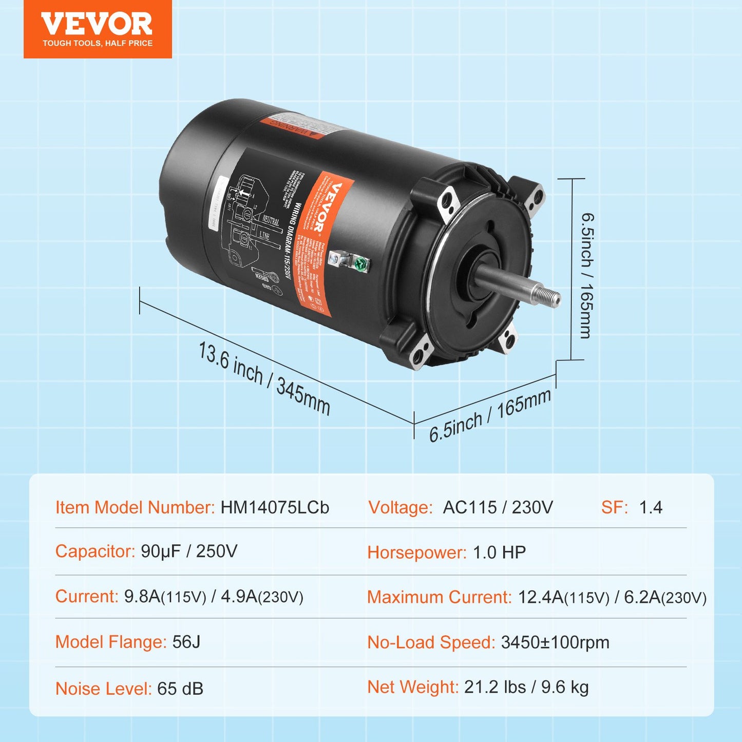 1 HP Pool Pump Motor, 56J Frame, 115V(9.8 Amps)/230V(4.9 Amps) 3450 RPM, 60Hz, 1.4 Service Factor, 90μF/250V Capacitor, CCW Rotation Round Flange Replacement Motor