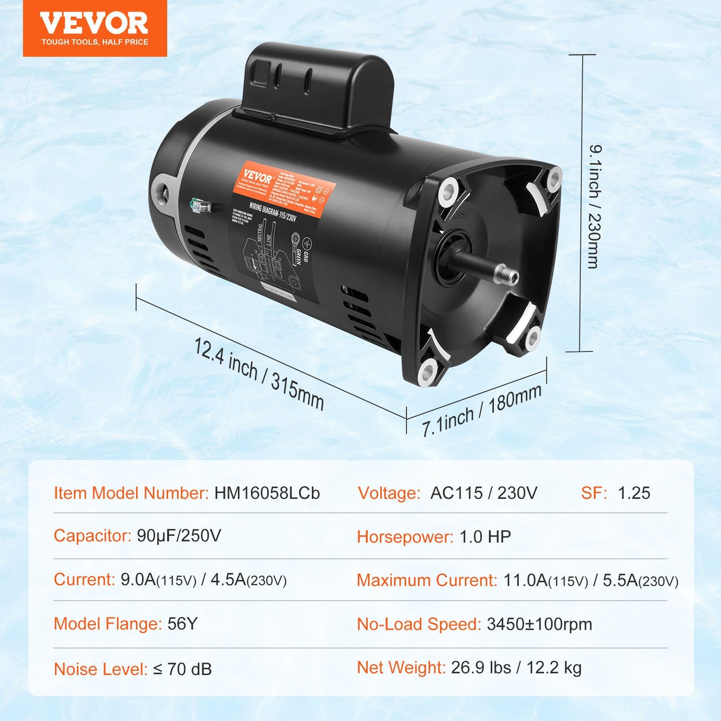 1HP poolpumpmotor 115/230V 9/4,5 ampere 56Y 3450RPM 90μF/250V kondensator
