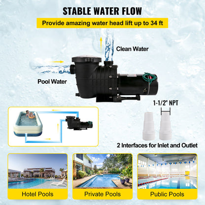 1HP Swimming Pool Pump, Dual Voltage 110V/220V, Circulates 5544GPH for Efficient Water Movement Above Pools, Includes Strainer Basket & Two 1-1/2'' NPT Connectors