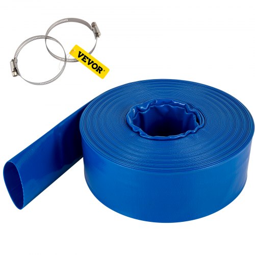 Discharge Hose, 3\" x 105\', PVC Lay Flat Hose, Heavy Duty Backwash Drain Hose with Clamps, Weather-proof & Burst-proof, Ideal for Swimming Pool & Water Transfer, Blue