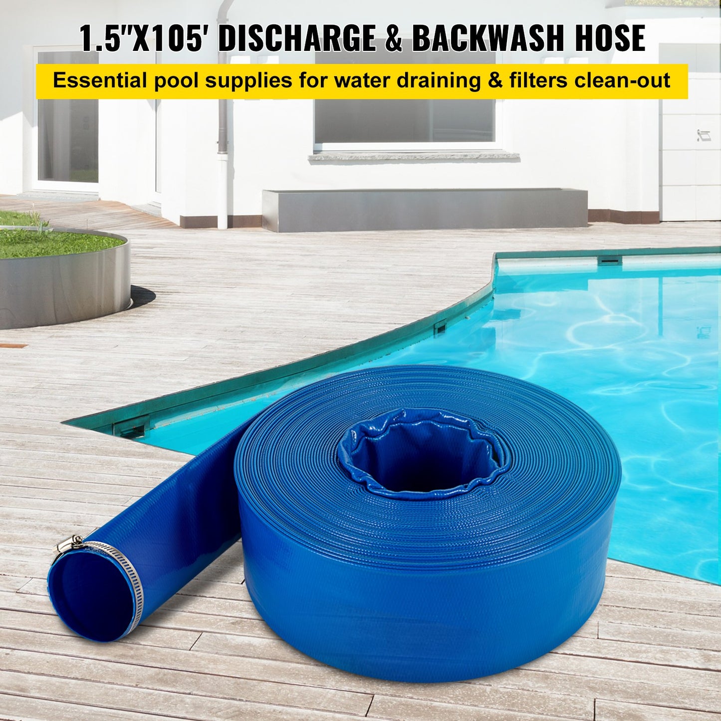 Ablaufschlauch, 1-1/2" x 105', PVC-Gewebeschlauch zum Flachlegen von Gewebe, robuster Aufrollschlauch mit Schellen, wetterfest und platzsicher, ideal für Schwimmbäder und Wassertransfer, blau