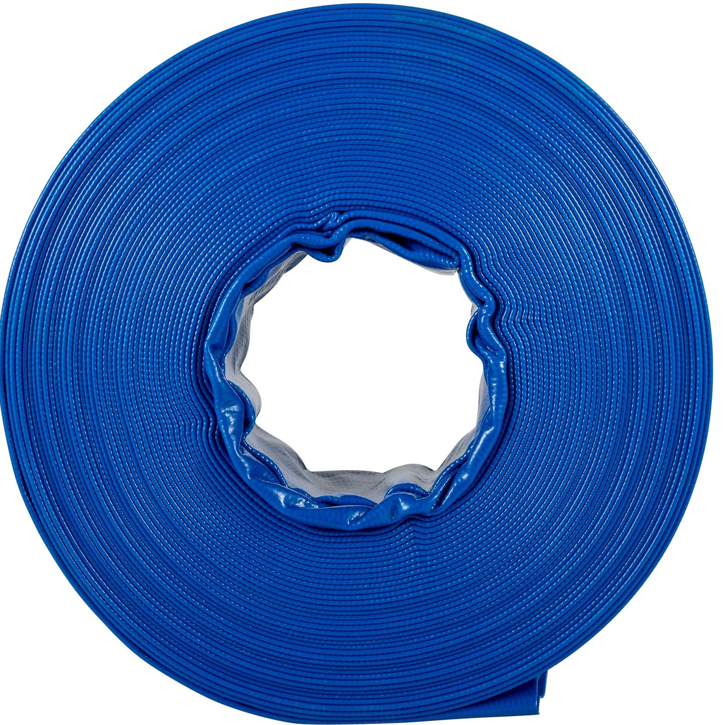 Ablaufschlauch, 1-1/2" x 105', PVC-Gewebeschlauch zum Flachlegen von Gewebe, robuster Aufrollschlauch mit Schellen, wetterfest und platzsicher, ideal für Schwimmbäder und Wassertransfer, blau