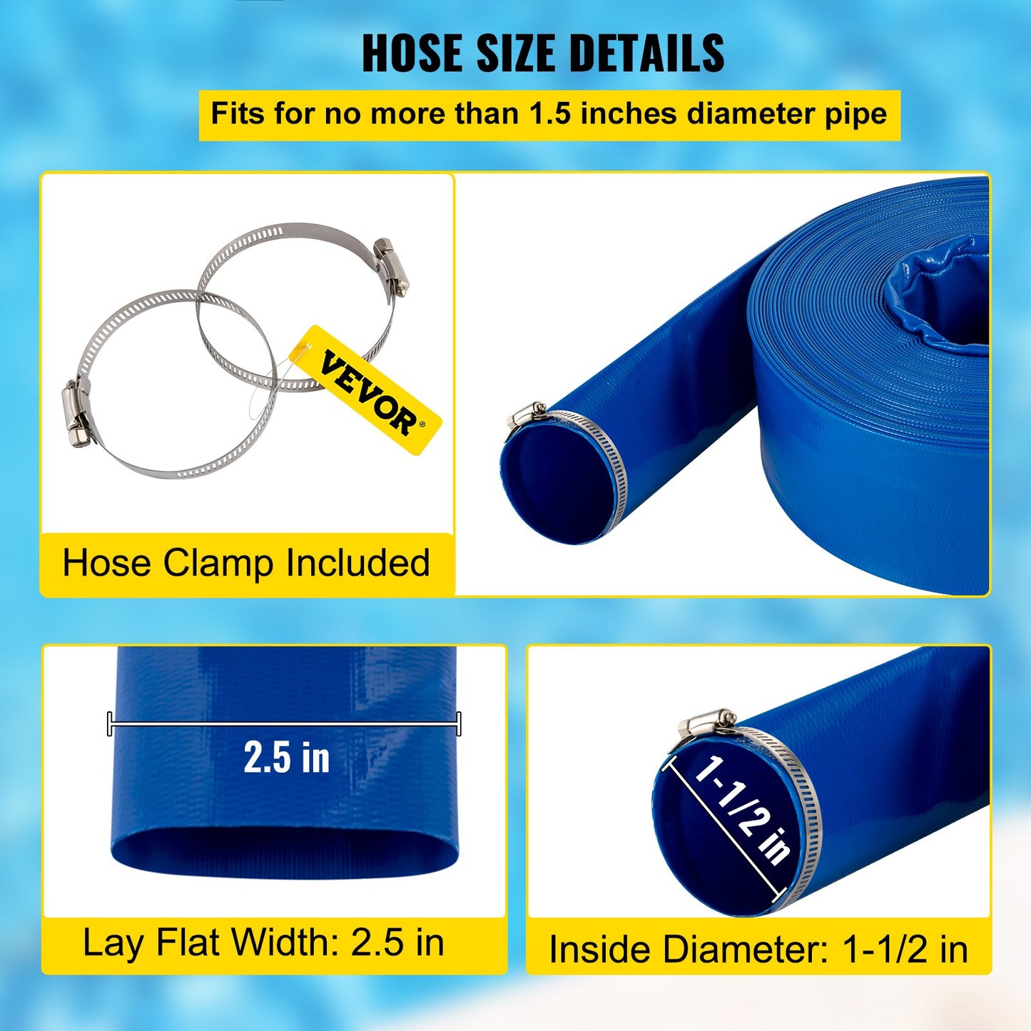 Discharge Hose, 1-1/2" x 100', PVC Fabric Lay Flat Hose, Heavy Duty Backwash Drain Hose with Clamps, Weather-proof & Burst-proof, Ideal for Swimming Pool & Water Transfer, Blue