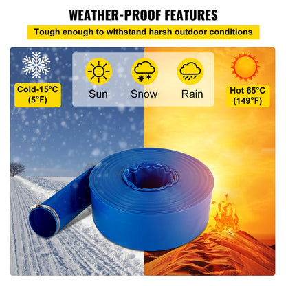 Discharge Hose, 1-1/2" x 100', PVC Fabric Lay Flat Hose, Heavy Duty Backwash Drain Hose with Clamps, Weather-proof & Burst-proof, Ideal for Swimming Pool & Water Transfer, Blue