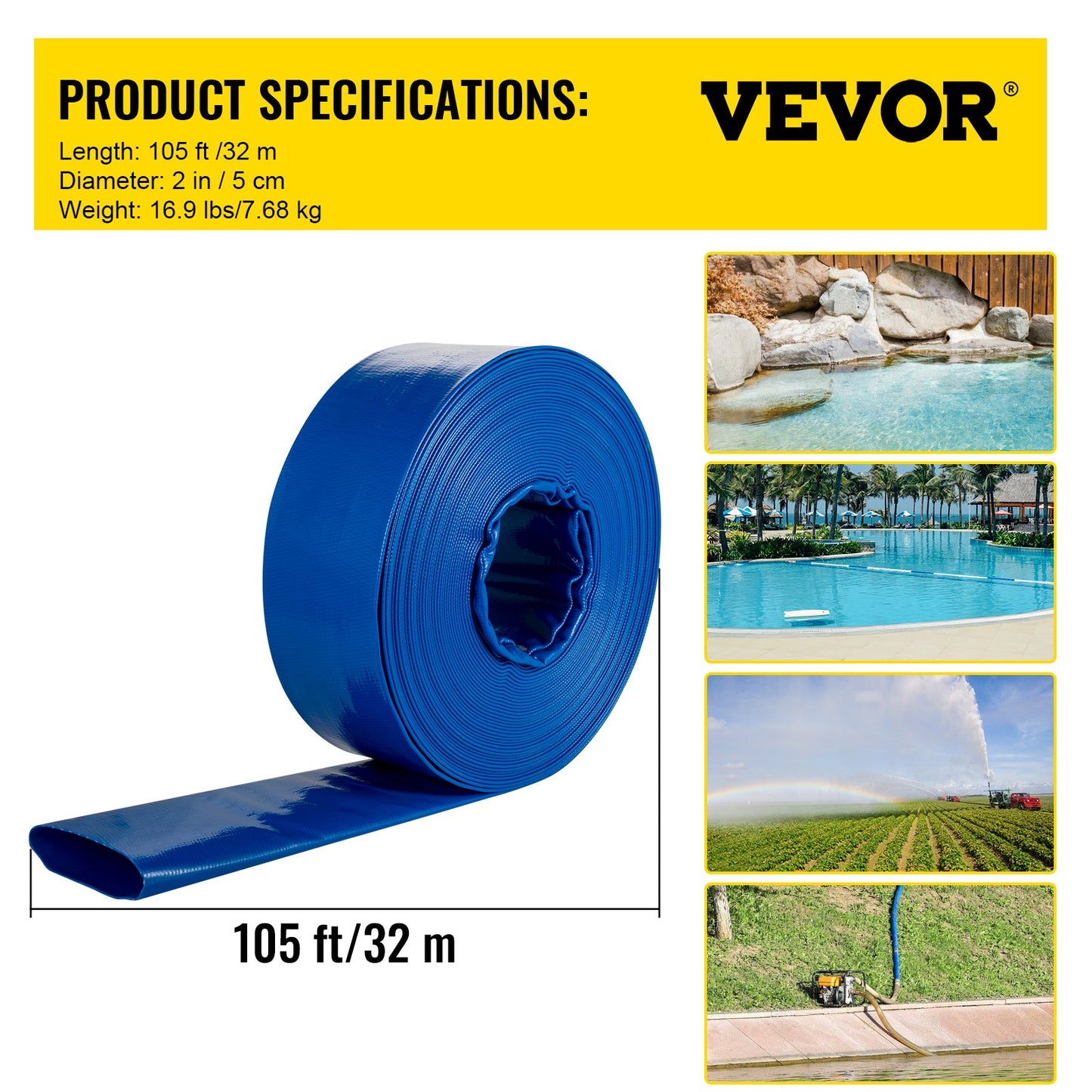 Discharge Hose, 2" x 105', PVC Fabric Lay Flat Hose, Heavy Duty Backwash Drain Hose with Clamps, Weather-proof & Burst-proof, Ideal for Swimming Pool & Water Transfer, Blue