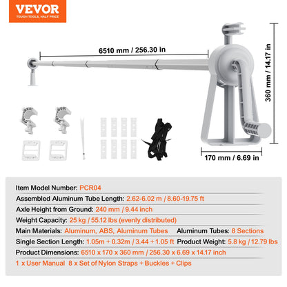 Poolskyddsrulle, solskyddsrulle i aluminium 20 fot, upprullare för poolskydd över marken, passar för 3-20 fot breda pooler