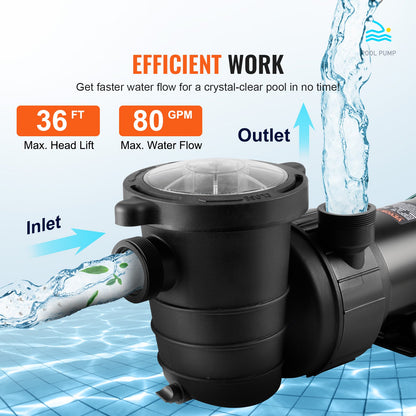Above Ground Pool Pump, 1HP, 80 GPM Max. Flow Single Speed Swimming Pool Pump, 120V 3450 RPM 36 ft Max. Head Lift Pool Pump with Filter Basket, for Above Ground Pools Hot Tubs Spas