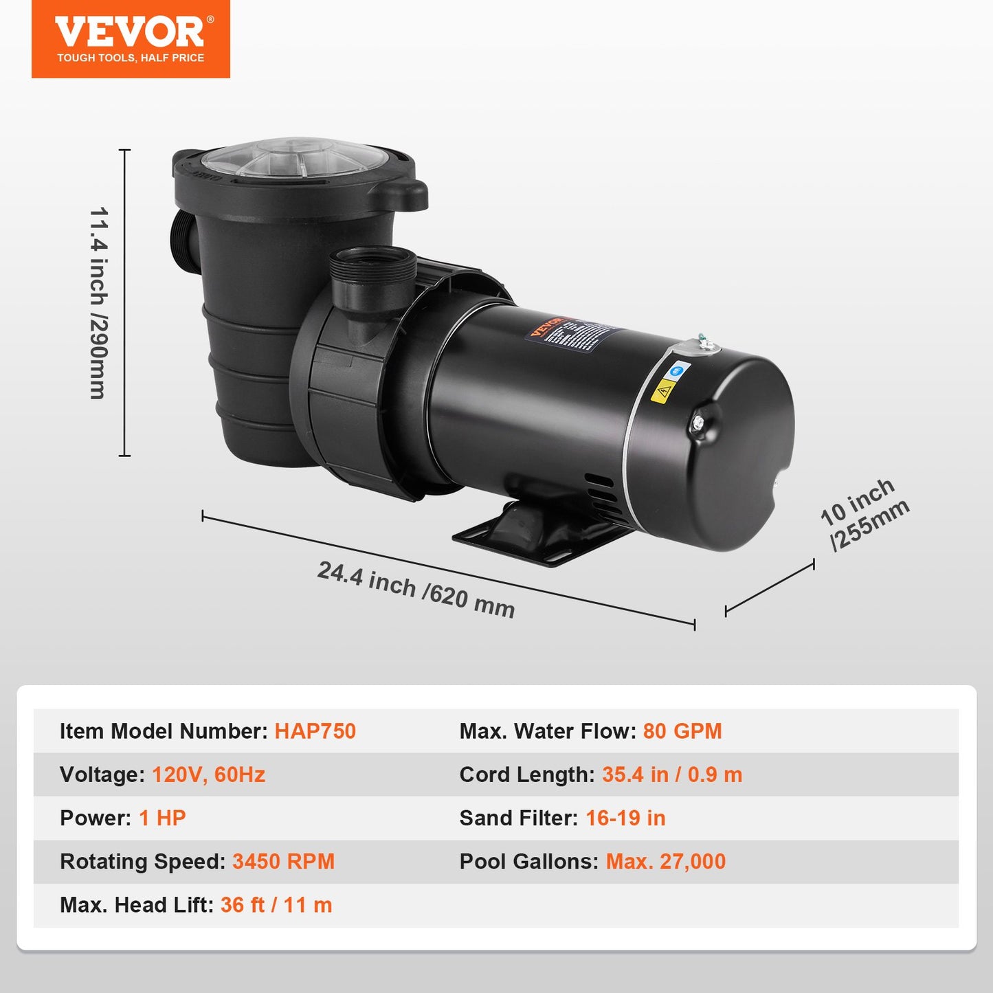 Above Ground Pool Pump, 1HP, 80 GPM Max. Flow Single Speed Swimming Pool Pump, 120V 3450 RPM 36 ft Max. Head Lift Pool Pump with Filter Basket, for Above Ground Pools Hot Tubs Spas