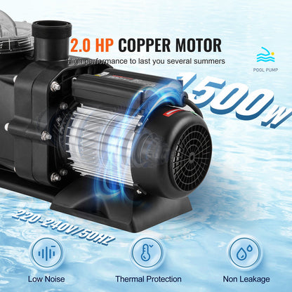 Above Ground Swimming Pool Pump, 1500W/2.0HP, 115G PM Single Speed Swimming Pool Pump, Hastighet 2850RPM, Lift Head Pool Pump 15m Max. med filterkorg, för pooler ovan mark, spa