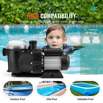 Above Ground Swimming Pool Pump, 1500W/2.0HP, 115G PM Single Speed Swimming Pool Pump, Hastighet 2850RPM, Lift Head Pool Pump 15m Max. med filterkorg, för pooler ovan mark, spa