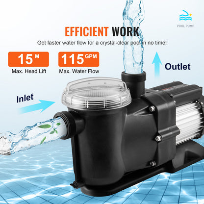 Above Ground Swimming Pool Pump, 1500W/2.0HP, 115G PM Single Speed Swimming Pool Pump, Hastighet 2850RPM, Lift Head Pool Pump 15m Max. med filterkorg, för pooler ovan mark, spa