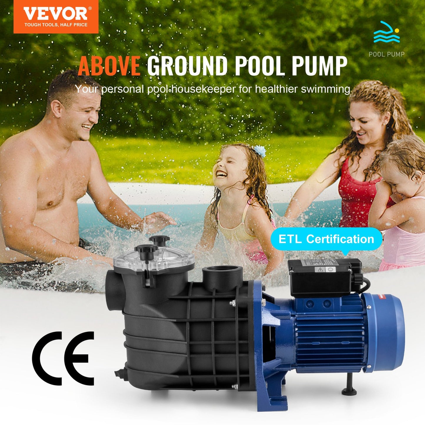 Poolpump 2,5HP 120GPM Maxflöde Enkelhastighetsfilterpump 220V 2850RPM 50ft Max Head Poolpump med filterkorg för pooler ovanjordsbadkar Spas
