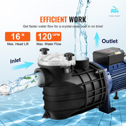 Poolpump 2,5HP 120GPM Maxflöde Enkelhastighetsfilterpump 220V 2850RPM 50ft Max Head Poolpump med filterkorg för pooler ovanjordsbadkar Spas