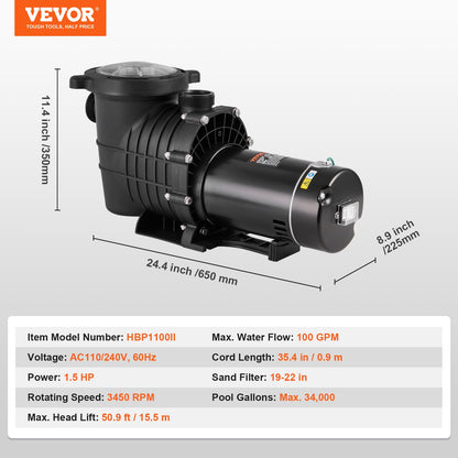 Above Ground Pool Pump, 1.5 HP, 100 GPM Single Speed Swimming Pool Pump, 110V/240V 3450 RPM 50.9 ft Max Head Pool Pump with Filter Basket, for Above Ground Pools Hot Tubs Spas