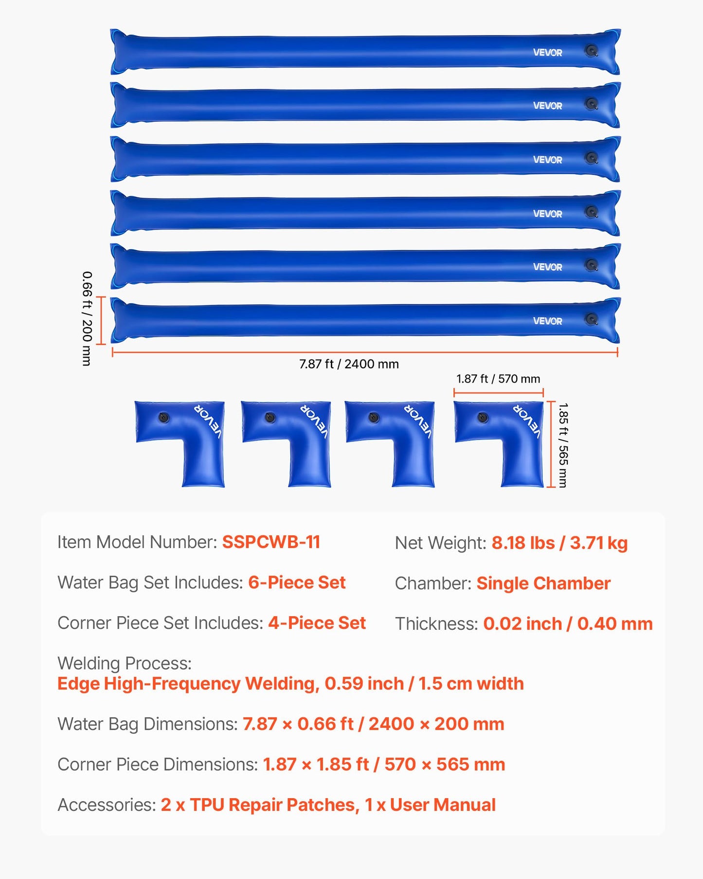 Pool Cover Water Bags Set, 6 Packs 8 Ft Single Chamber Pool Cover Water Bags & 4 Corner Tubes, 0.4mm Thick PVC Bag Weights with Leakproof Valve, for Winter Inground Swimming-Pool Covers