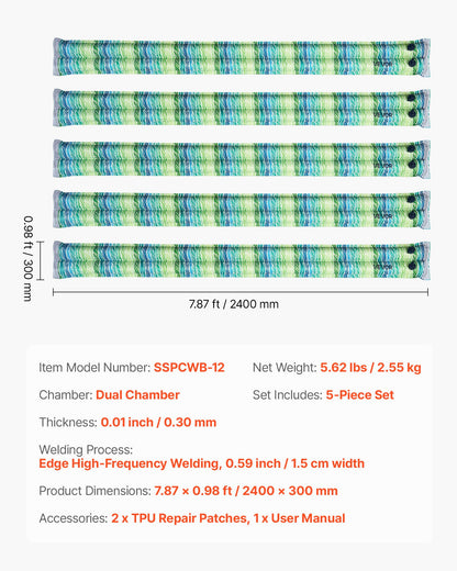 Pool Cover Water Bags, 5 Packs 8 Ft, Double Chamber Pool Cover Water Tubes with Reflective Strips, 0.3mm Thick PVC Bags Weights with Leakproof Screw Cap, for Winter Inground Swimming-Pool Covers