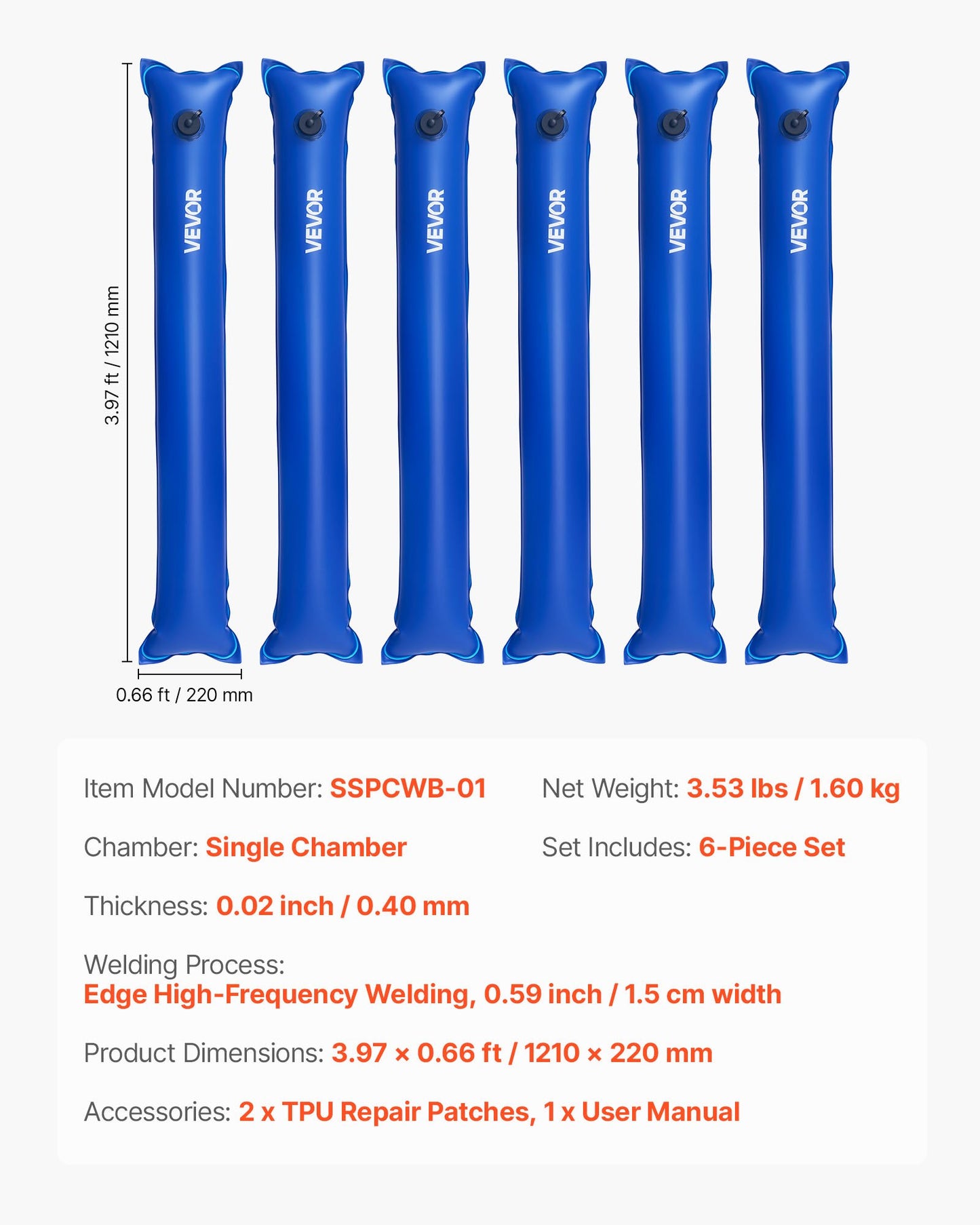 Pool Cover Water Bags, 6 Packs 4 Ft, Single Chamber Pool Cover Water Tubes, 0.4mm Thick PVC Bags Weights with Leakproof Screw Cap, for Inground Swimming-Pool Covers Winter Closing, Blue