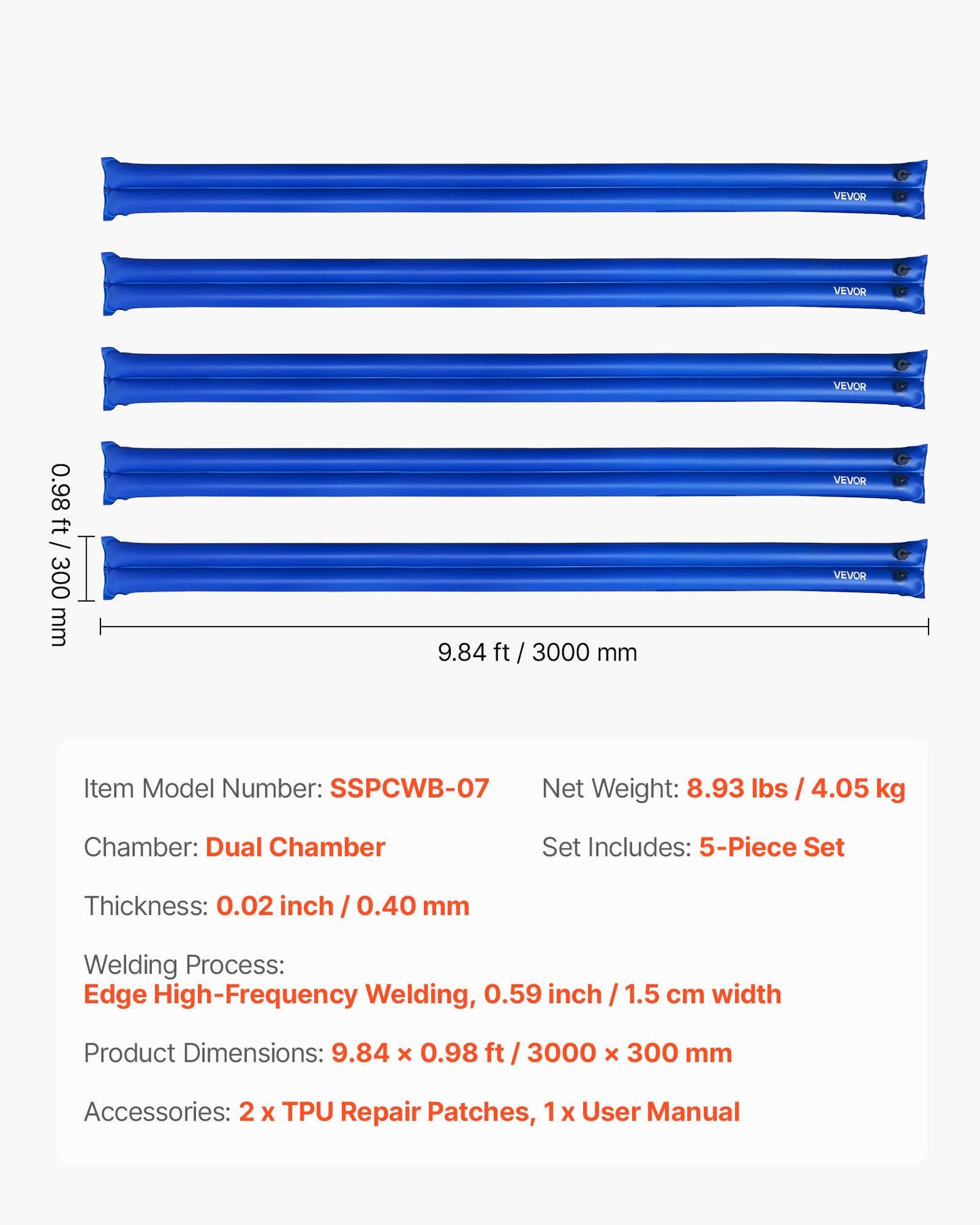 Pool Cover Water Bags, 5 Packs 10 Ft, Double Chamber Pool Cover Water Tubes, 0.4mm Thick PVC Bags Weights with Leakproof Screw Cap, for Inground Swimming-Pool Covers Winter Closing, Blue