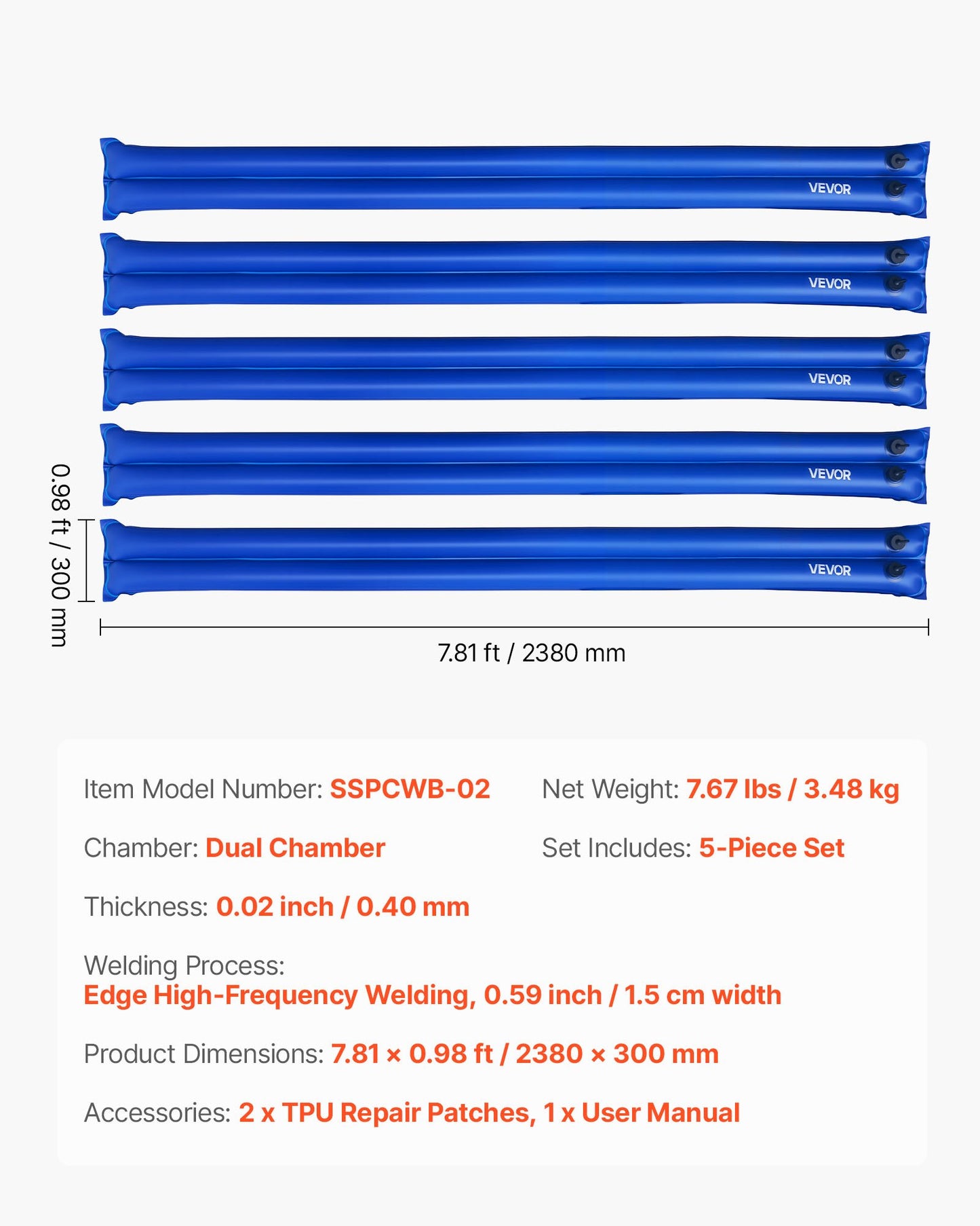 Pool Cover Water Bags, 5 Packs 8 Ft, Double Chamber Pool Cover Water Tubes, 0.4mm Thick PVC Bags Weights with Leakproof Screw Cap, for Inground Swimming-Pool Covers Winter Closing, Blue