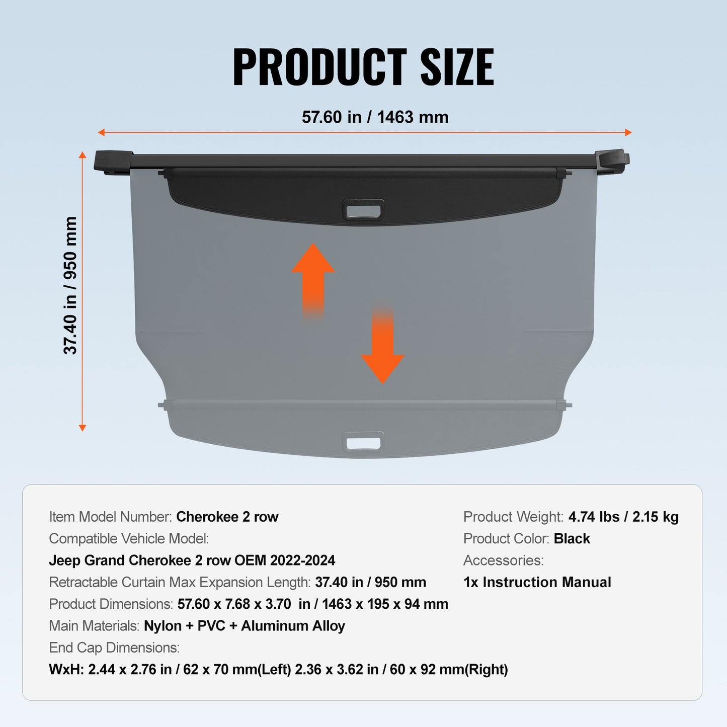 Infällbart lastskydd för Jeep Grand Cherokee 2 Row 2022-2024 OEM-design