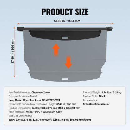 Infällbart lastskydd för Jeep Grand Cherokee 2 Row 2022-2024 OEM-design