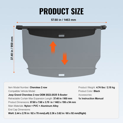 Retractable Cargo Cover, Upgraded Waterproof Trunk Cover Security Shield Shade for Jeep Grand Cherokee 2 Row 2022-2025 5-Seater, UV Proof Rear Trunk Cover Aluminum Alloy & PVC Leather Texture