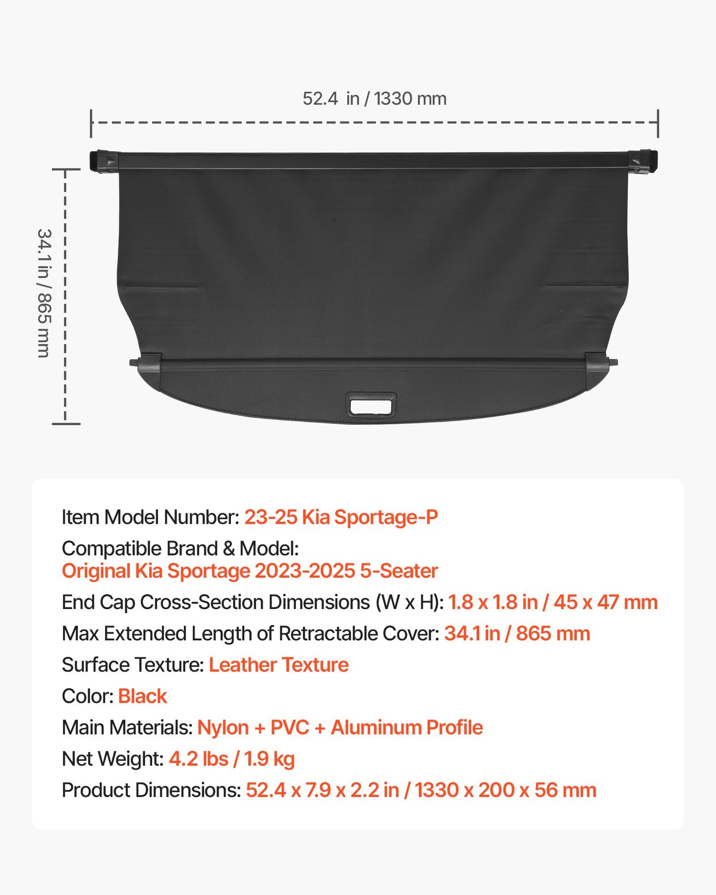 Retractable Cargo Cover, Premium Leather Texture Trunk Cover, Anti-Peeping Luggage Privacy Shield, Easy Installation Security Shade, Car Accessories, for Kia Sportage 2023-2025 5-Seater