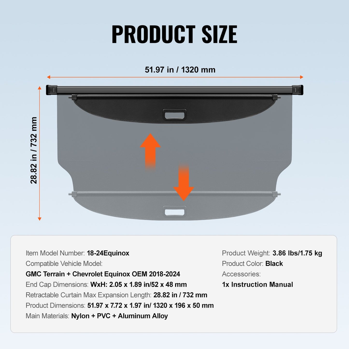 Infällbart lastskydd för GMC Terrain + Chevrolet Equinox 2018-2024