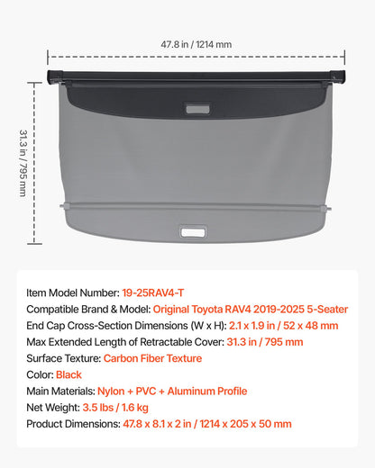 Retractable Cargo Cover, Upgraded Carbon Fiber Texture Trunk Cover, Anti-Peeping Luggage Privacy Shield, Easy Installation Security Shade Car Accessories, for Toyota RAV4 2019-2025 5-Seater
